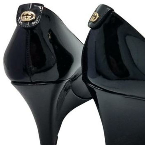 Gucci | Gold Monogram | Black Patent Wedge - Picture 8 of 9